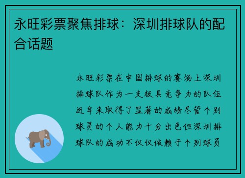 永旺彩票聚焦排球：深圳排球队的配合话题