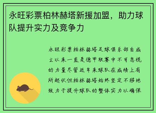 永旺彩票柏林赫塔新援加盟，助力球队提升实力及竞争力