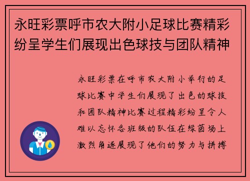 永旺彩票呼市农大附小足球比赛精彩纷呈学生们展现出色球技与团队精神